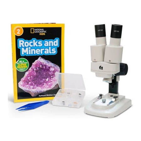 United Scope. AmScope IQCrew 20x Portable LED Stereo Microscope, Mini Rock, Mineral Collection & Book Kit SE100-12A-NGRK-TW
